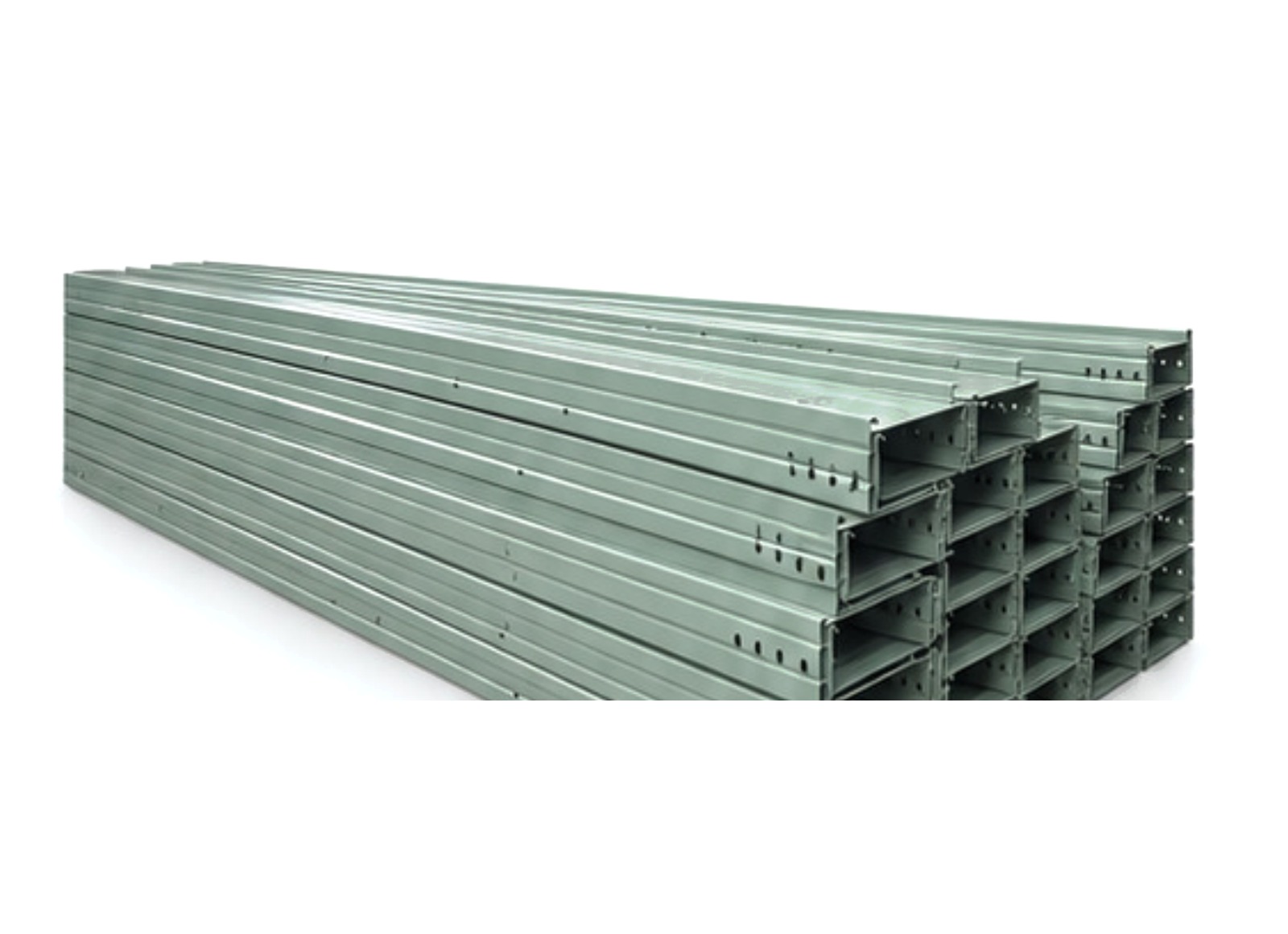 Long-span cable tray sections stacked in long lengths