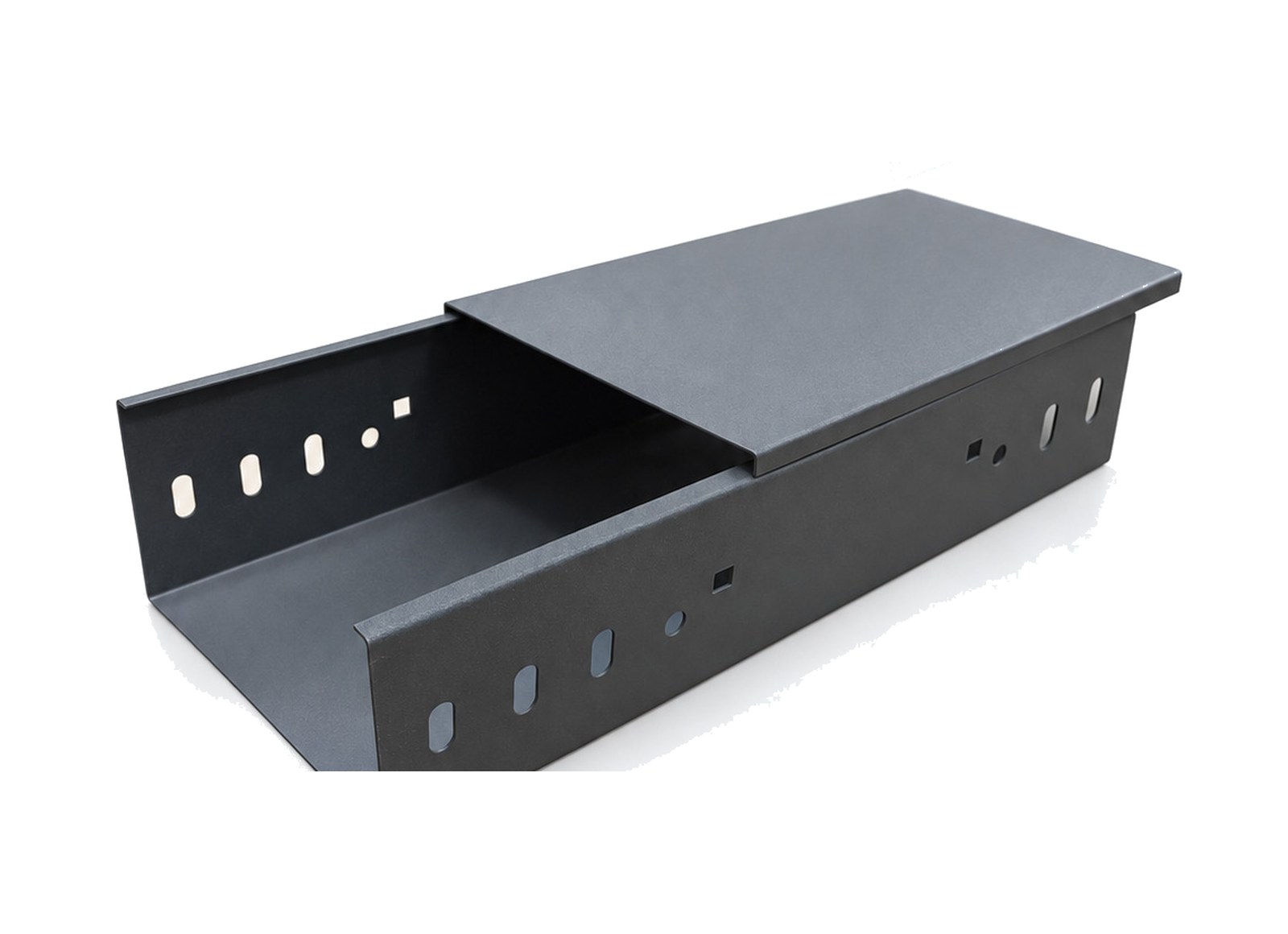 Powder coated cable tray trough with matching cover in dark gray