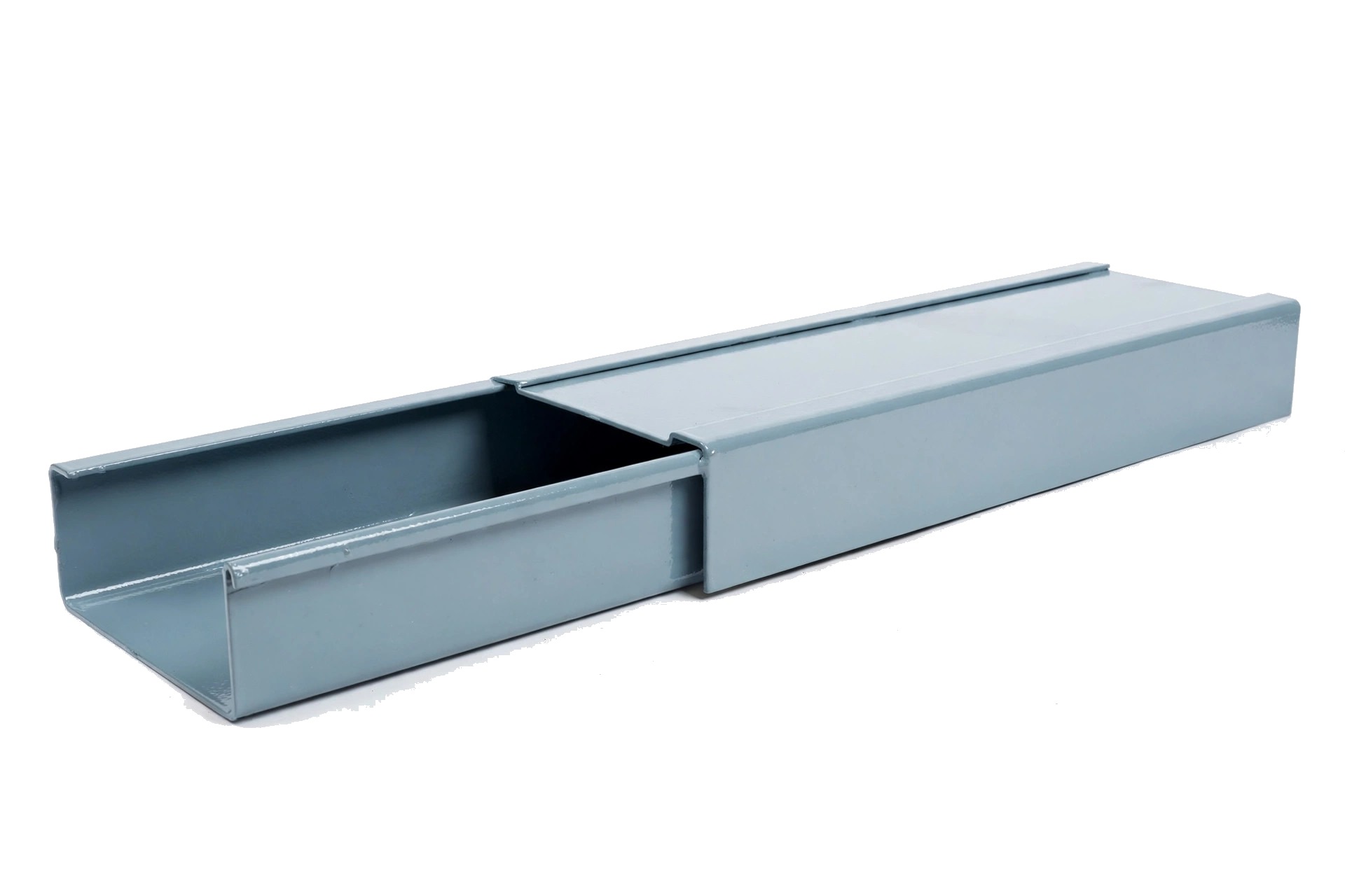 Color-coated steel cable tray trough with part-open cover, white background