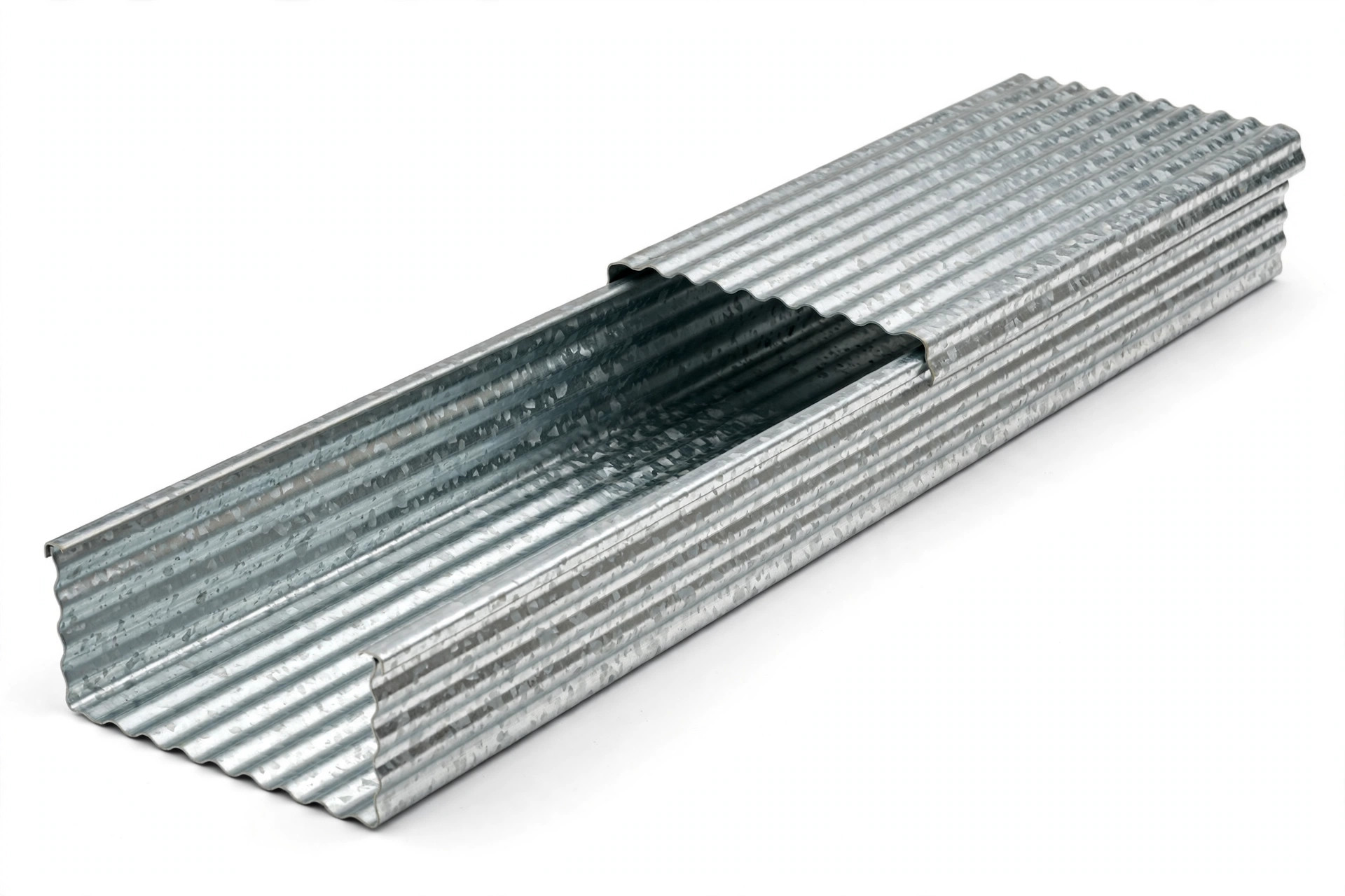 Galvanized corrugated cable tray trough with formed ribs, white background