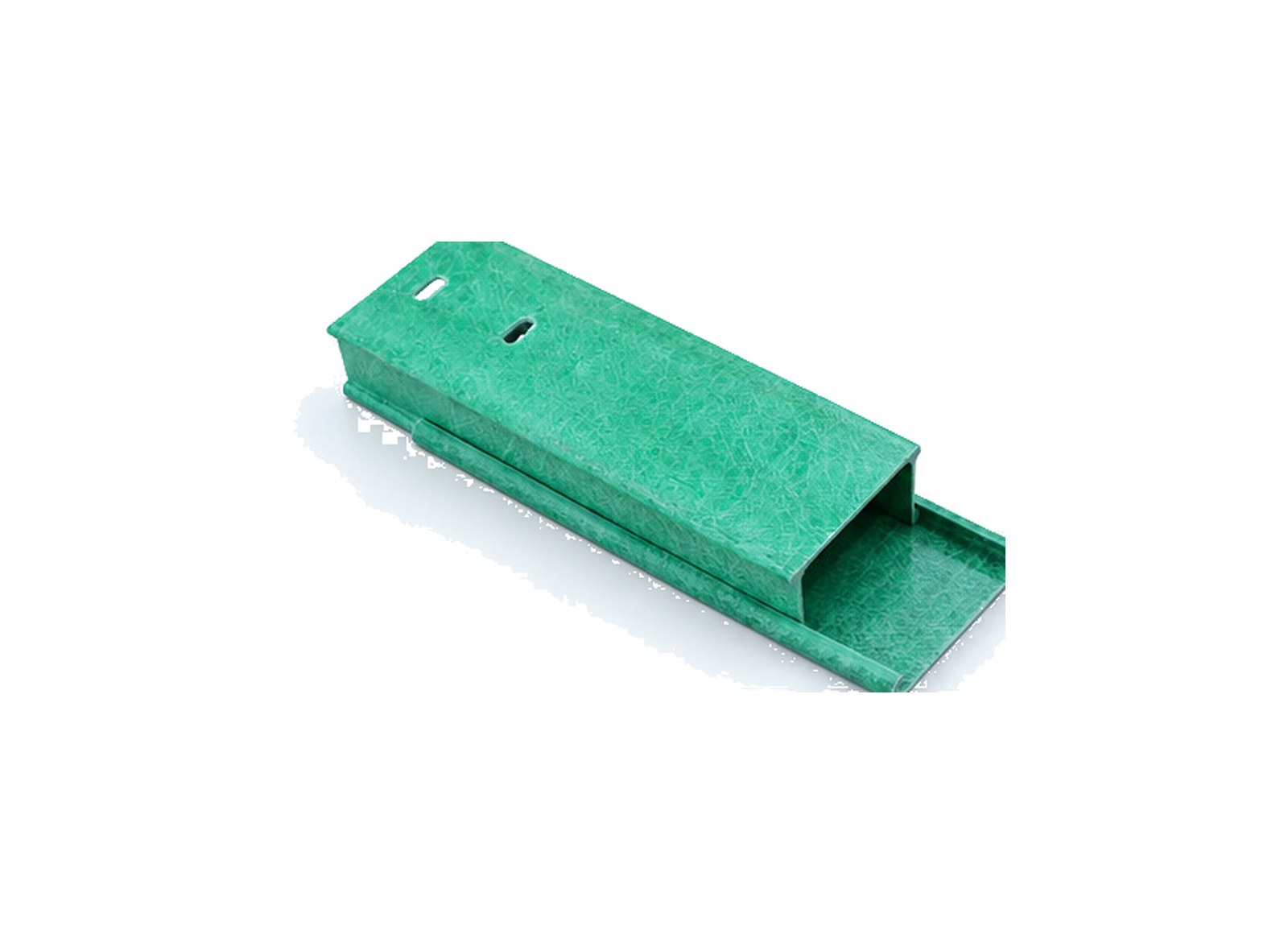 Green FRP cable tray section with cover, white background