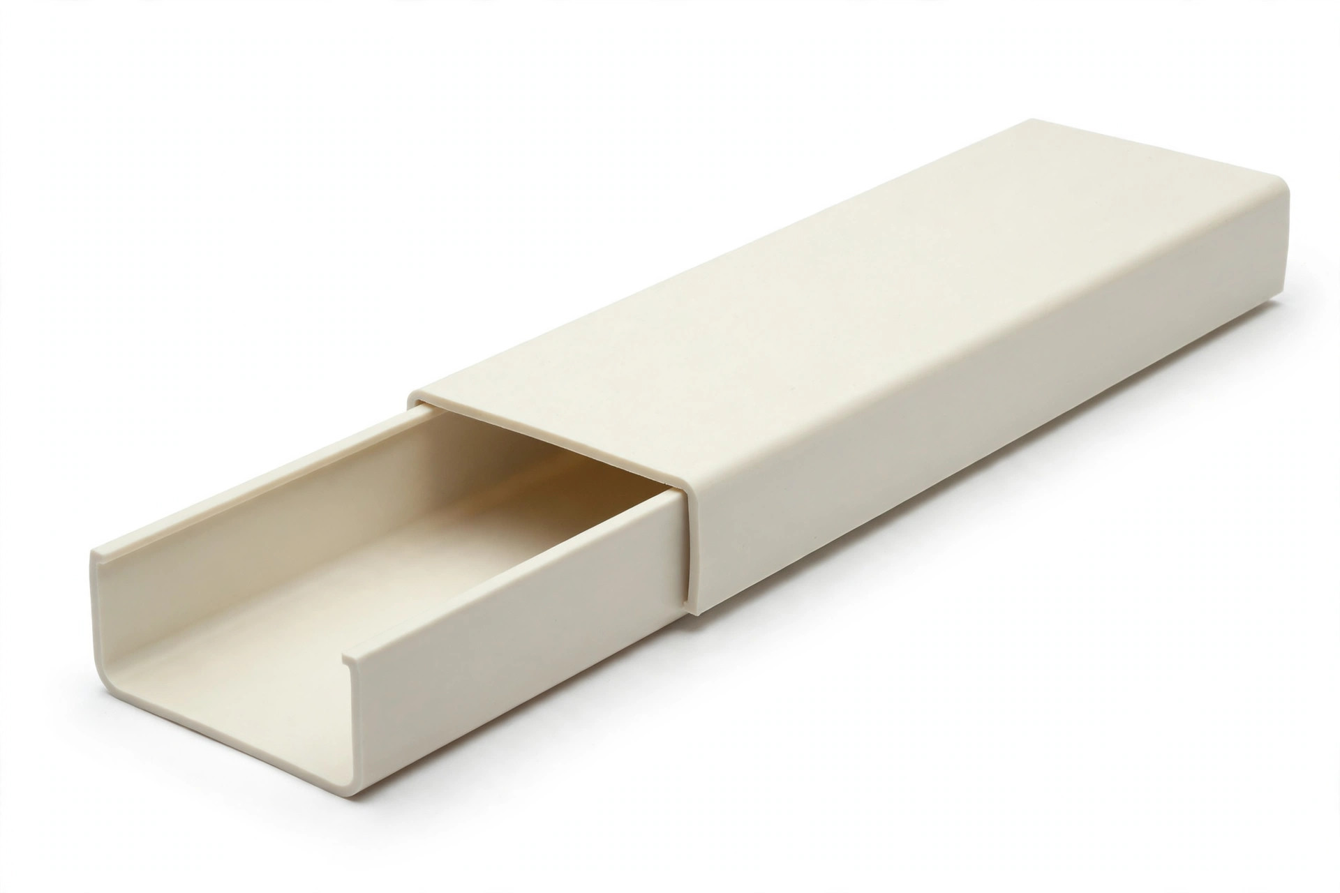 Polymer composite cable tray trough with part-open cover, white background