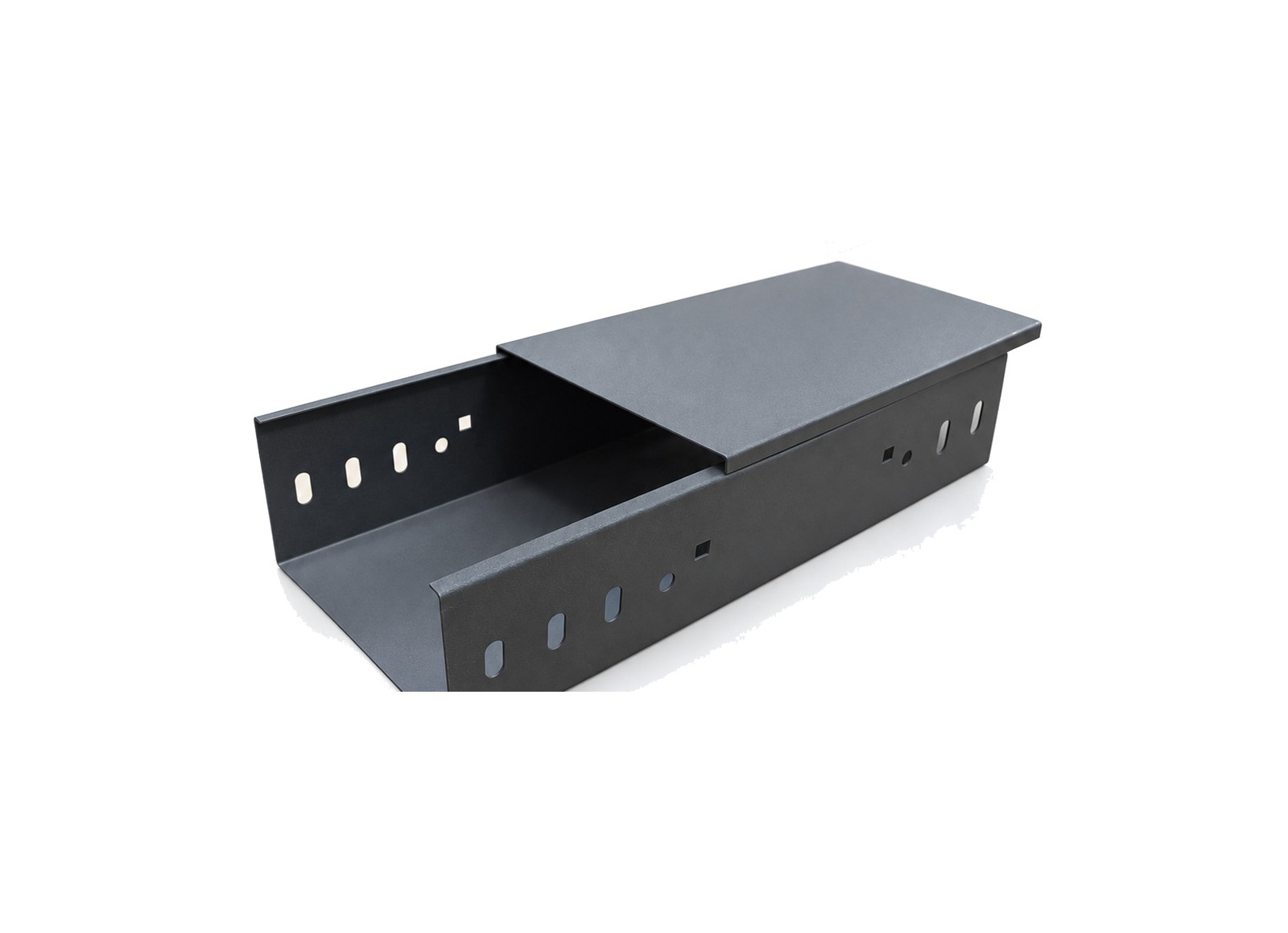 Powder coated cable tray section with cover, white background