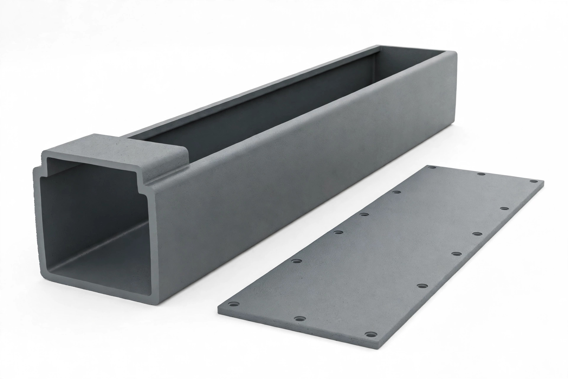 Gray molded SMC cable trough with cover, socket joint end, white background