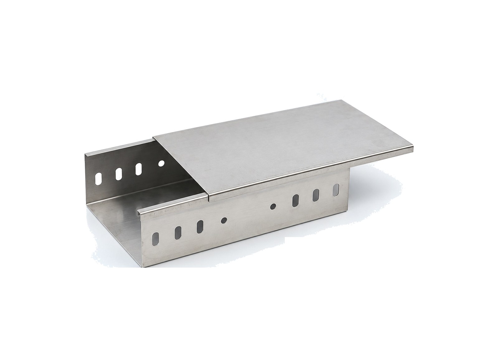 Stainless steel cable tray section with cover, white background