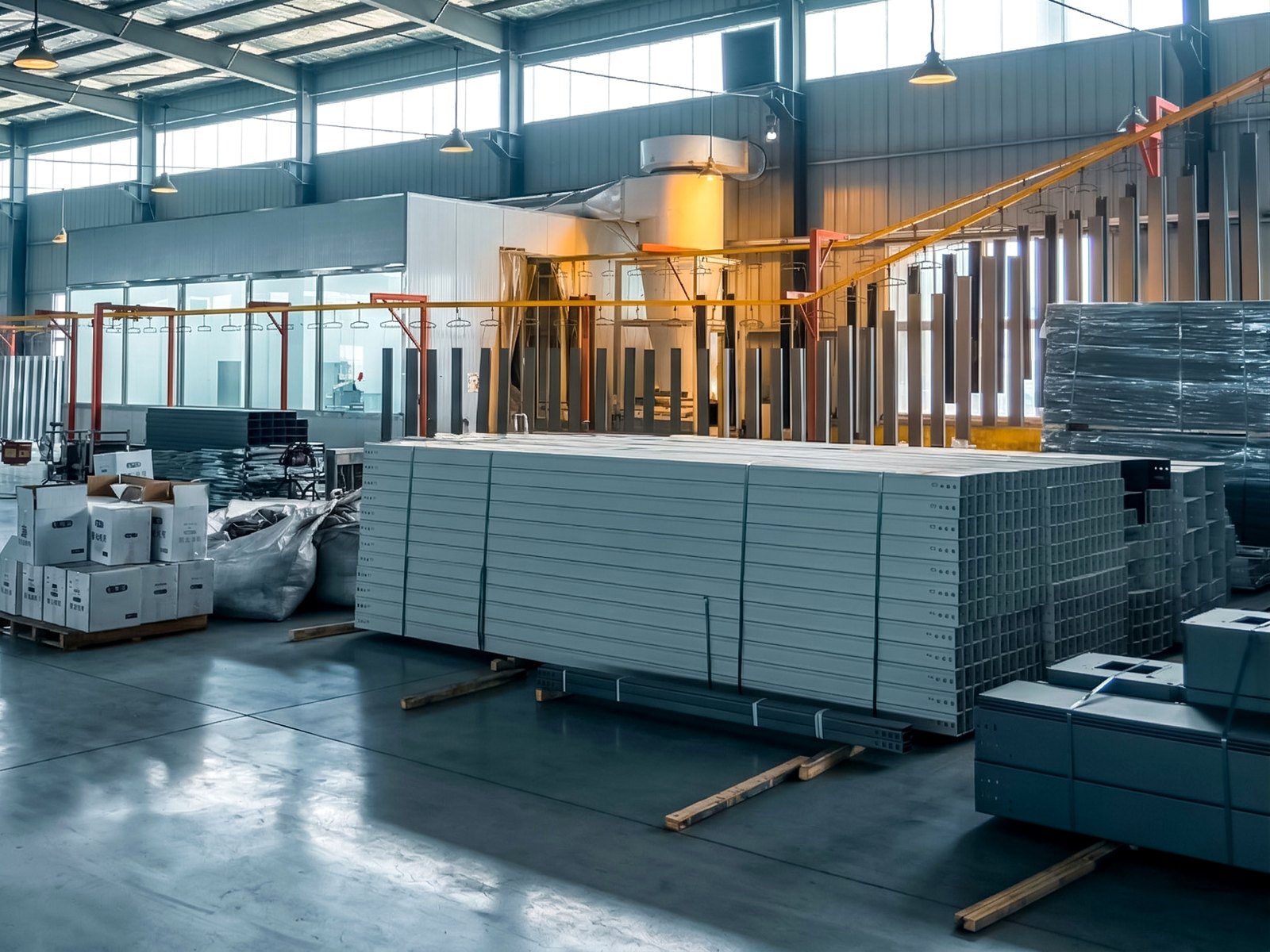 Long straight tray sections stacked in the finished-goods area